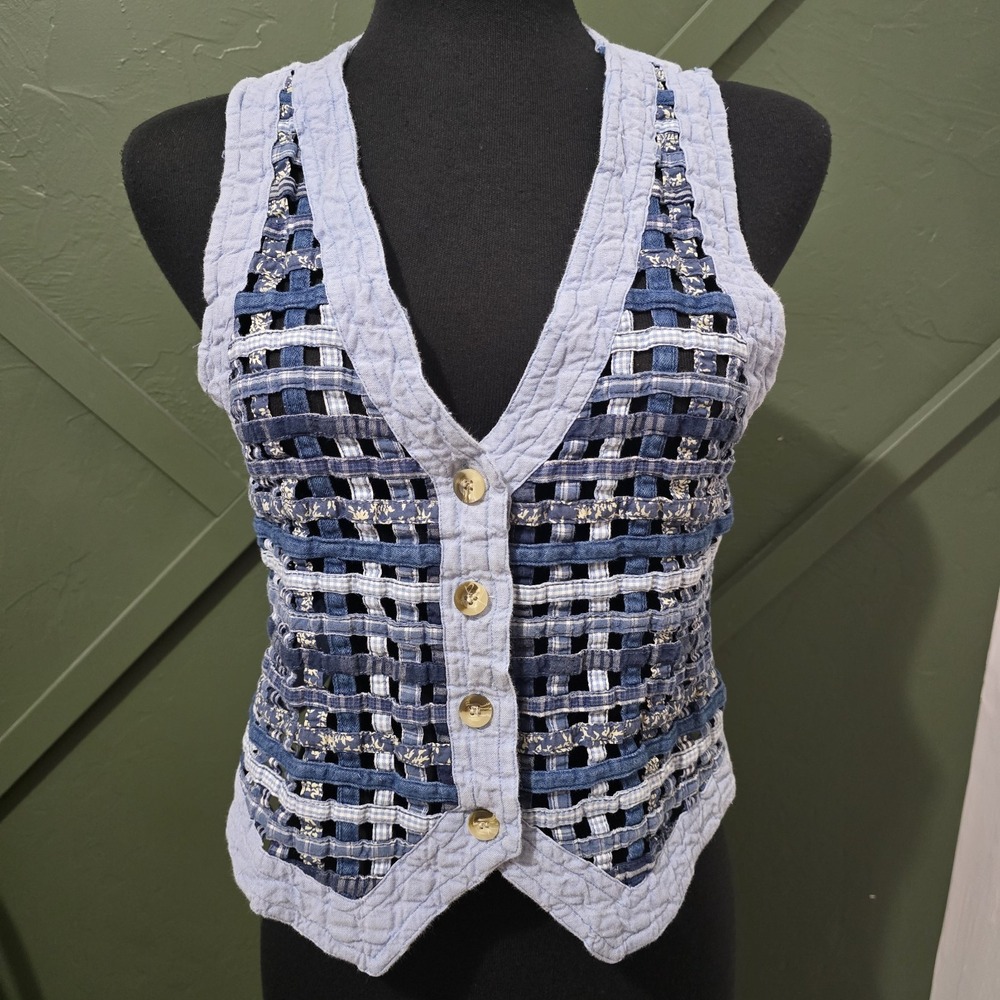 Victoria Jones‎ Lattice Patchwork Denim Vest Womens Petite Medium